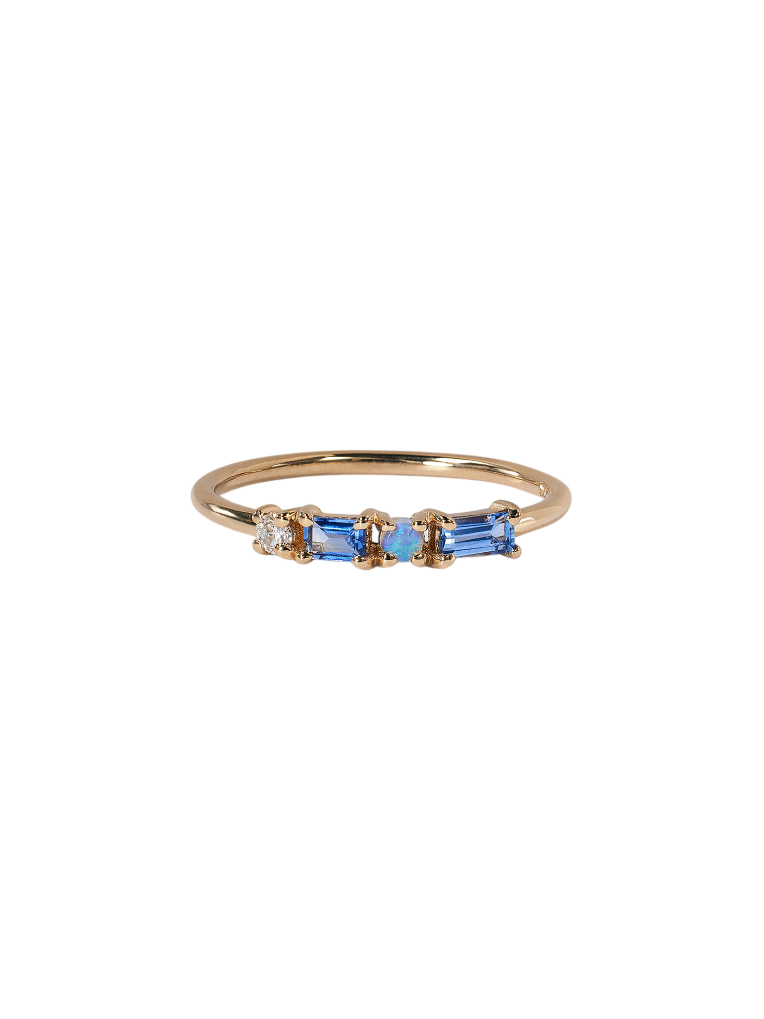 Sapphire, diamond and opal pillar ring